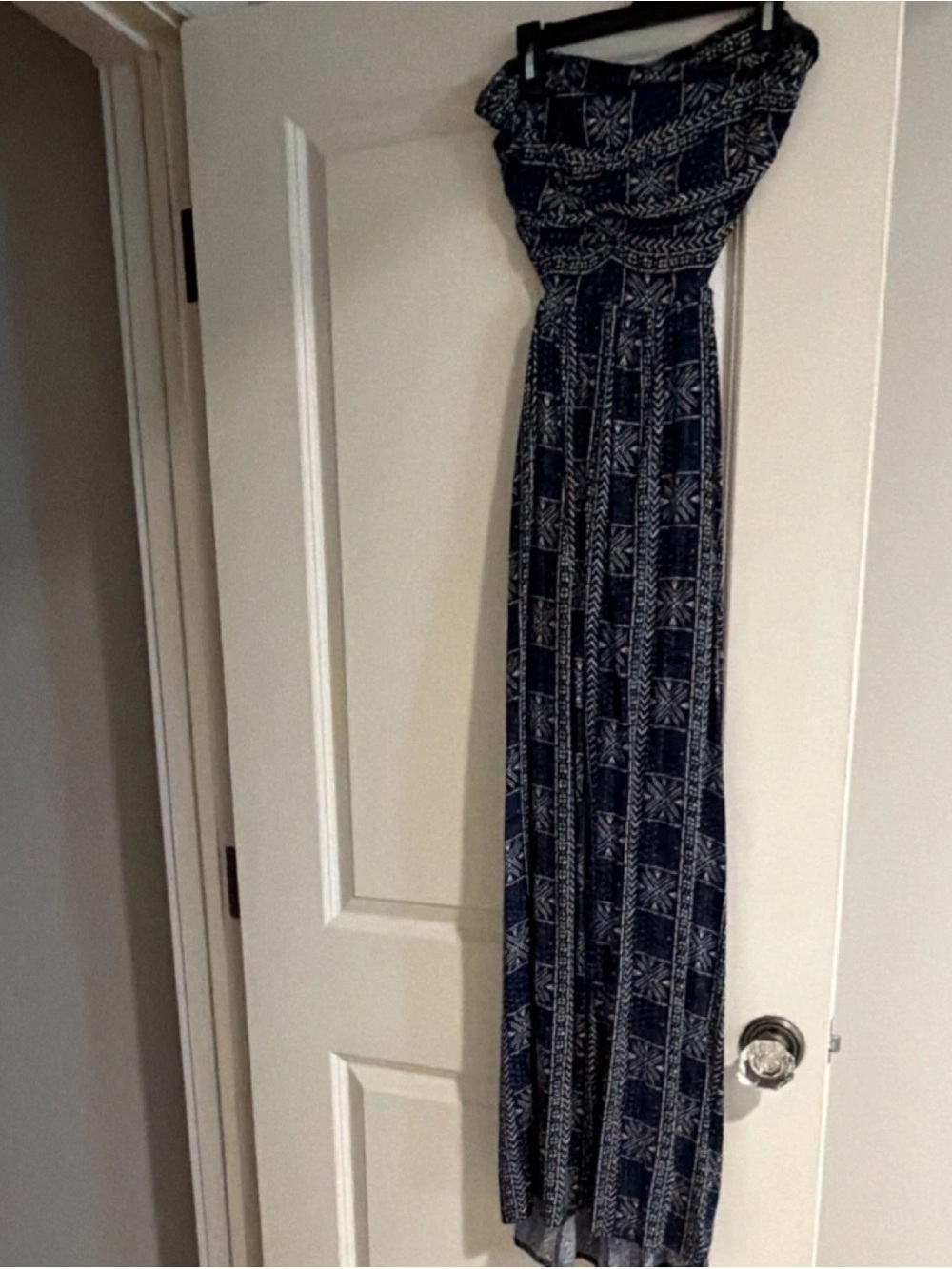 Free People Navy and White Printed Strapless Maxi Dress